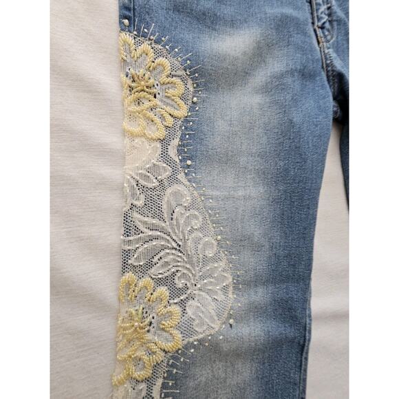 Sassy Thai Jeans Womens Embellished Beads Flowers Rhinestones Mid Rise 10 Flare - Picture 8 of 14